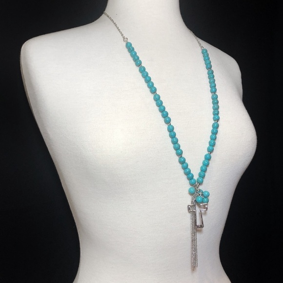 Long Turquoise Cross Tassel Necklace Earrings Set - Picture 2 of 3